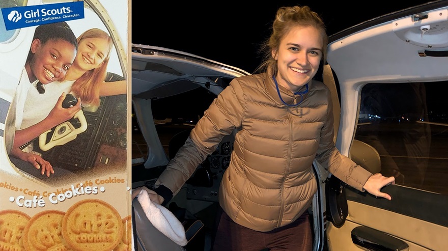 Katherine Kennedy in 2000 (left) and on Jan. 17 when she passed her private pilot checkride. Girls Scout cookie box photo courtesy of Girl Scouts of the USA, and checkride photo courtesy of Katherine Kennedy.