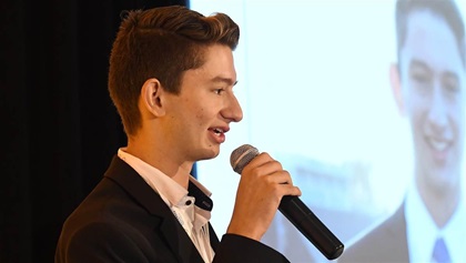 2016 AOPA flight scholarship winner Nick Bhardwaj, shown addressing the 2018 AOPA High School Aviation STEM Symposium, plans to become a professional pilot and was recently named a youth representative for Aviation Career Exploring. Photo by David Tulis.