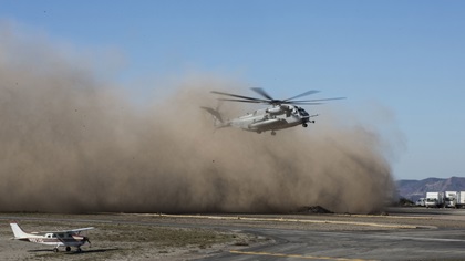 A CH-53 helicopter prepares to land at Catalina Island's Airport in the Sky. U.S. Marine Corps photo by Cpl. Samuel Ruiz.