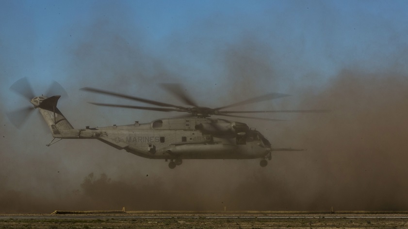 A CH-53 helicopter lifts off from Catalina Island's Airport in the Sky. U.S. Marine Corps photo by Cpl. Samuel Ruiz.