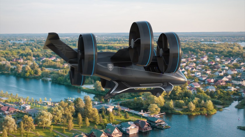 A rendering of the Bell Nexus in flight, with the six ducted fans tilted to provide forward thrust. Image courtesy of Bell. 