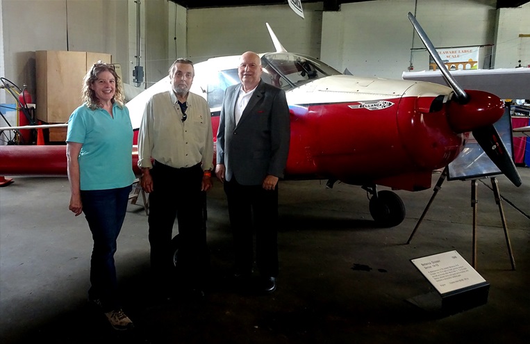 Delaware aviation advocates Kimberly Shropshire, Chick Chinski, and Bruce Lambrecht urged official historic recognition for the Bellanca Cruisair like this one at the Bellanca Airfield Museum in New Castle, Delaware. Photo by Madeline Lambrecht.