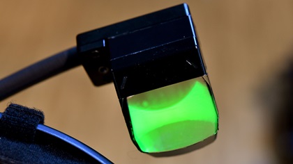 The eyepiece of the PilotVision head-mounted display was initially designed for the next-generation Apache helicopter. Photo by Mike Collins.