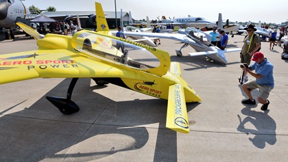A number of aircraft conceived by legendary aircraft designer Burt Rutan are on display at Boeing Plaza. Rutan and his designs are being celebrated at EAA AirVenture 2019. Photo by Mike Collins.