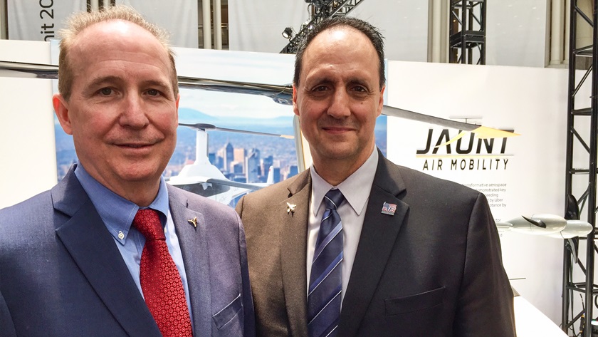 Martin Peryea (left), chief technology officer for Jaunt Air Mobility, joins CEO Kaydon Stanzione in showing off their new electric VTOL aircraft at the Uber Elevate Summit in Washington, D.C. Photo by Tom Haines.