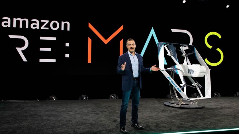 Amazon Worldwide Consumer CEO Jeff Wilke unveiled a new delivery drone design at an Amazon event in Las Vegas. Photo by Jordan Stead courtesy of Amazon.