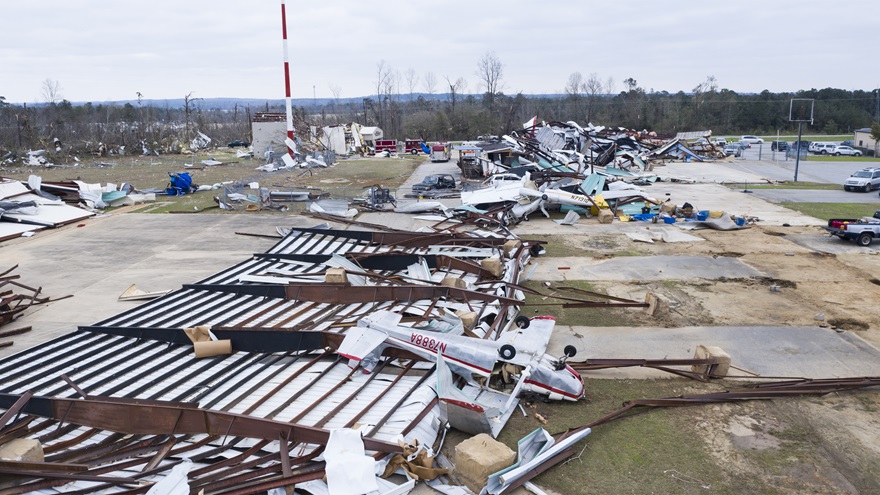 Weedon Field Airport after a devastating tornado ripped through the Eufaula area. Photo courtesy of SkyBama.com/Alabama Aerial Photography.