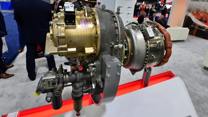 Honeywell exhibited this turbogenerator for the VTOL market at HAI Heli-Expo 2019. It pairs a HTS900 turboshaft engine with a gearbox and two, 200-kilowatt generators. Honeywell also is collaborating with Pipistrel on systems integration for a future VTOL aircraft. Photo by Mike Collins.