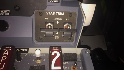 The stabilizer trim switches of a Boeing 737 Max 8 aircraft are located on the center pedestal and can be defeated by either the pilot or the first officer, according to a career pilot familiar with the aircraft. Courtesy photo.