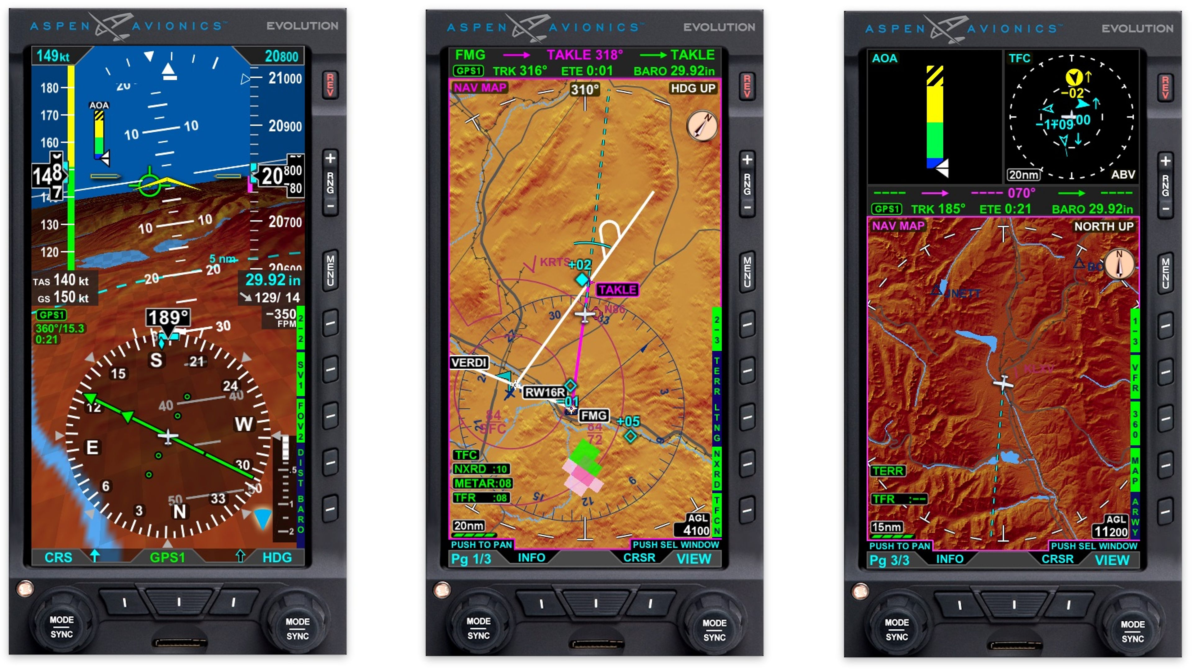 Shown are, from left, the Aspen Evolution 1000 Pro MAX primary flight display, Evolution MFD500 MAX multifunction display, and Evolution MFD1000 MAX MFD. Photo courtesy Aspen Avionics. 