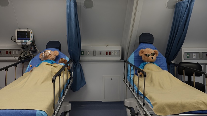 Teddy bears convalesce in hospital beds aboard the Orbis Flying Eye Hospital. Photo courtesy of Matt Linton.