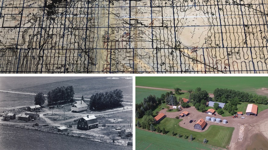 Then and now: A Canadian homestead first photographed in 1955 is seen today in living color. The topographical map of the Edmonton area shows the mile-wide paths flown, along with the locations of each roll of film that was changed in flight. Each dark-outlined square was 6 miles by 6 miles. Early black-and-white photos could be sent to the photo service’s headquarters in Edmonton and hand-colored. Errors in the back-and-forth communication with farm owners led to the company joke: “We’re the only company that can provide you with a red John-Deere tractor.” Photos courtesy of Homestead Aerial Farm Photos.