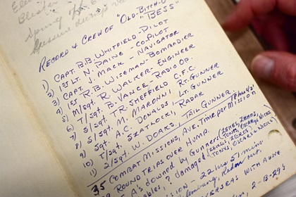 A B-29 pilot information manual bears the names of crew members associated with Bob Vaucher, a retired U.S. Air Force Lt. Col. who orchestrated a show of force at the end of World War II when 525 Boeing B-29 Superfortress bombers flew over the <em>USS Missouri</em> in Tokyo Bay on Sept. 2, 1945. Photo by David Tulis.