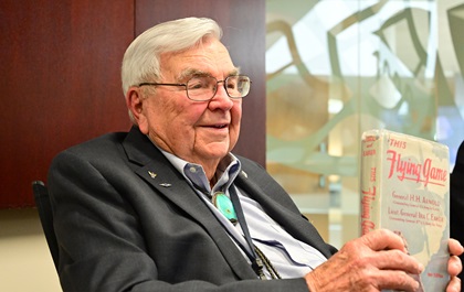 Retired U.S. Air Force Lt. Col. Bob Vaucher, now 100 years old, orchestrated a show of force at the end of World War II when 525 Boeing B-29 Superfortress bombers flew over the USS Missouri in Tokyo Bay on Sept. 2, 1945. He plans to attend events on June 6, 2019, commemorating the seventy-fifth anniversary of D-Day. Photo by David Tulis.