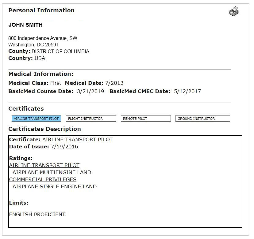 This is an example of an airman inquiry search result from the FAA website. Print out your listing and bring it with you on international flights to show compliance with the BasicMed rule. Image courtesy of the FAA. 