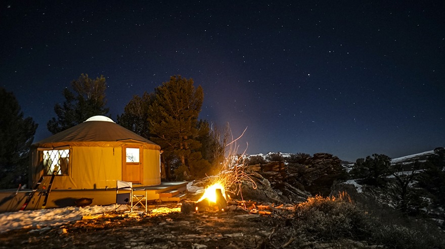 "Skiing in the winter begins as soon as you clip into your skis" at the Ruby High Yurt in Nevada. Photo courtesy of Ruby Mountain Heli-Ski.