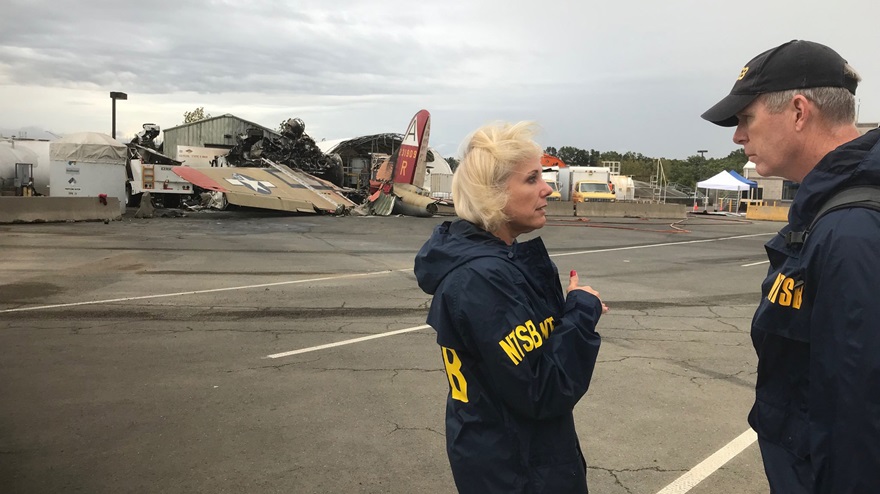 NTSB board member Jennifer Homendy and investigator Dan Bower at the scene October 2 of the crash of a Boeing B-17 Flying Fortress at Bradley International Airport in Connecticut. Photo courtesy of the NTSB.