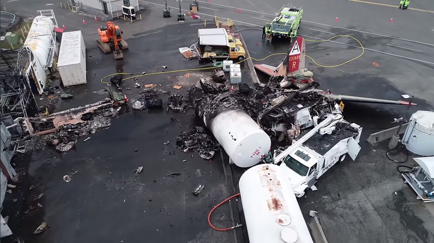 An NTSB drone perspective on the wreckage of the B-17 that crashed October 2 at Bradley International Airport in Connecticut. Photo courtesy of the NTSB via YouTube. 