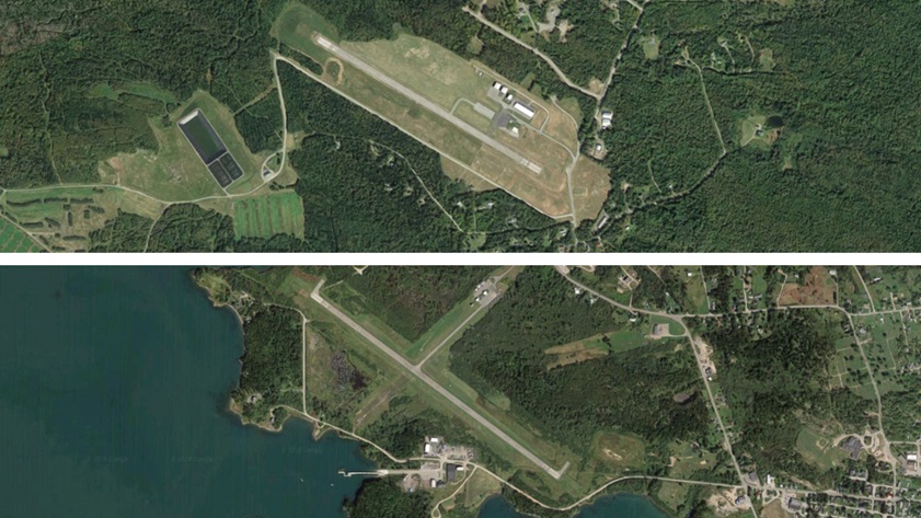 Maine's Steven A. Bean Municipal Airport in Rangeley (above) and Eastport Municipal Airport. Images courtesy of Google.