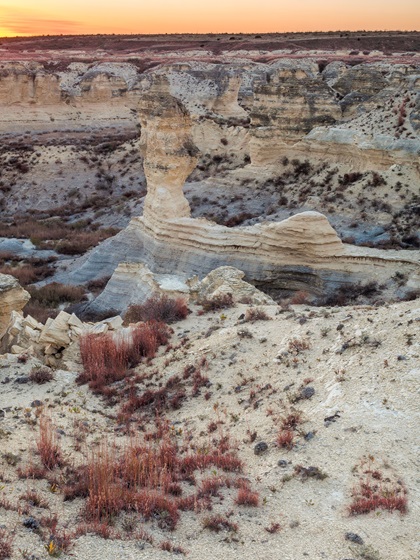 The dramatic rock formations of Little Jerusalem Badlands State Park contain fossilized evidence of sea creatures and a variety of living wildlife and plants. Photo by Bruce L Hogle.