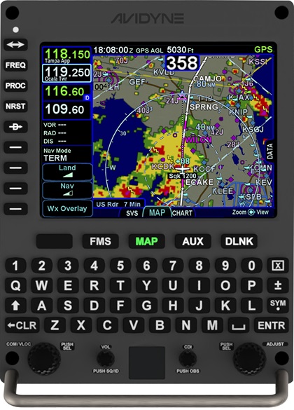 The Atlas moving map includes airspace, terrain, weather, and traffic displays. Image courtesy of Avidyne.