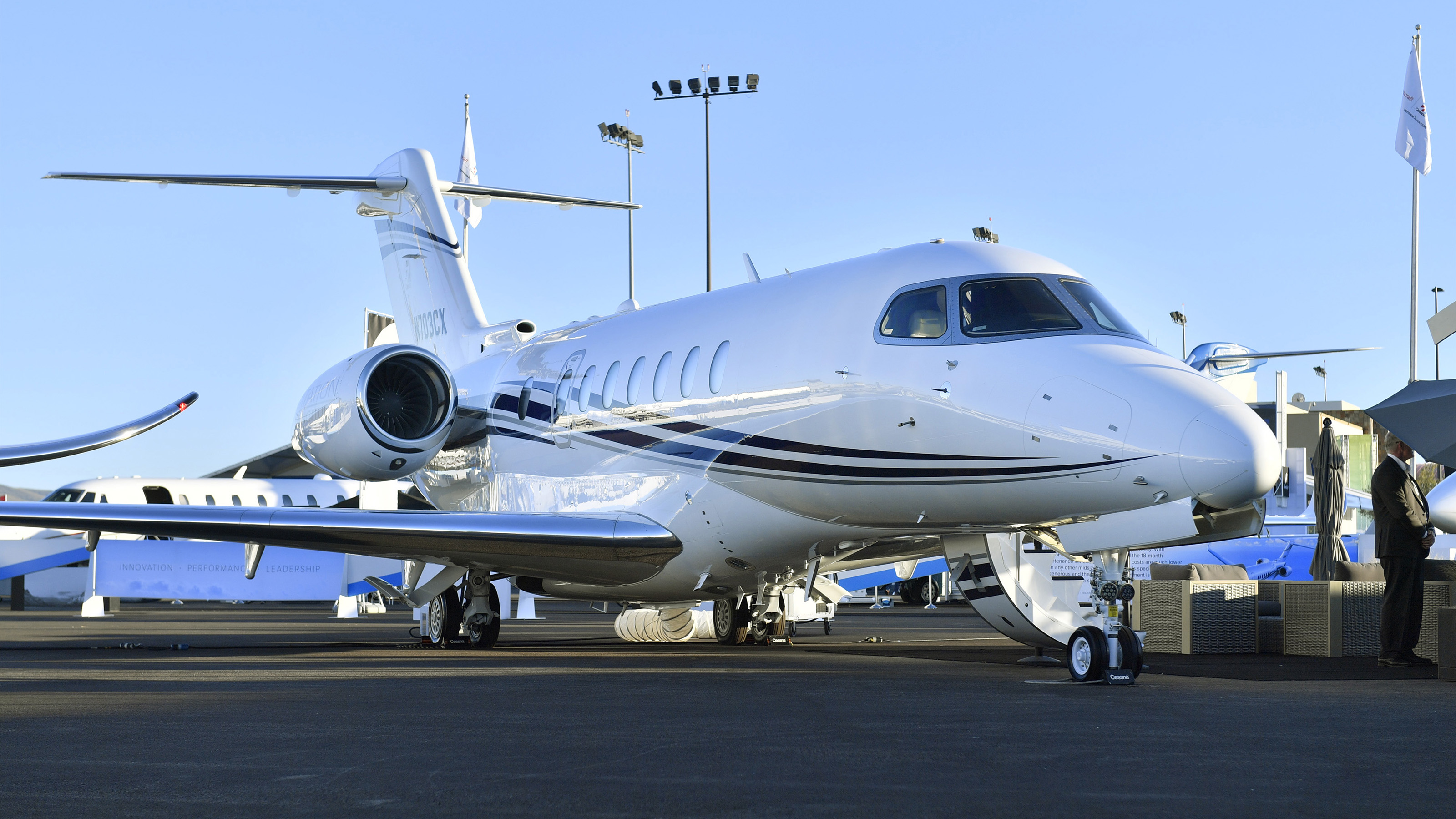 A Citation Longitude graces the static display at the 2019 National Business Aviation Association annual convention in Las Vegas. Photo by Mark Wagner.