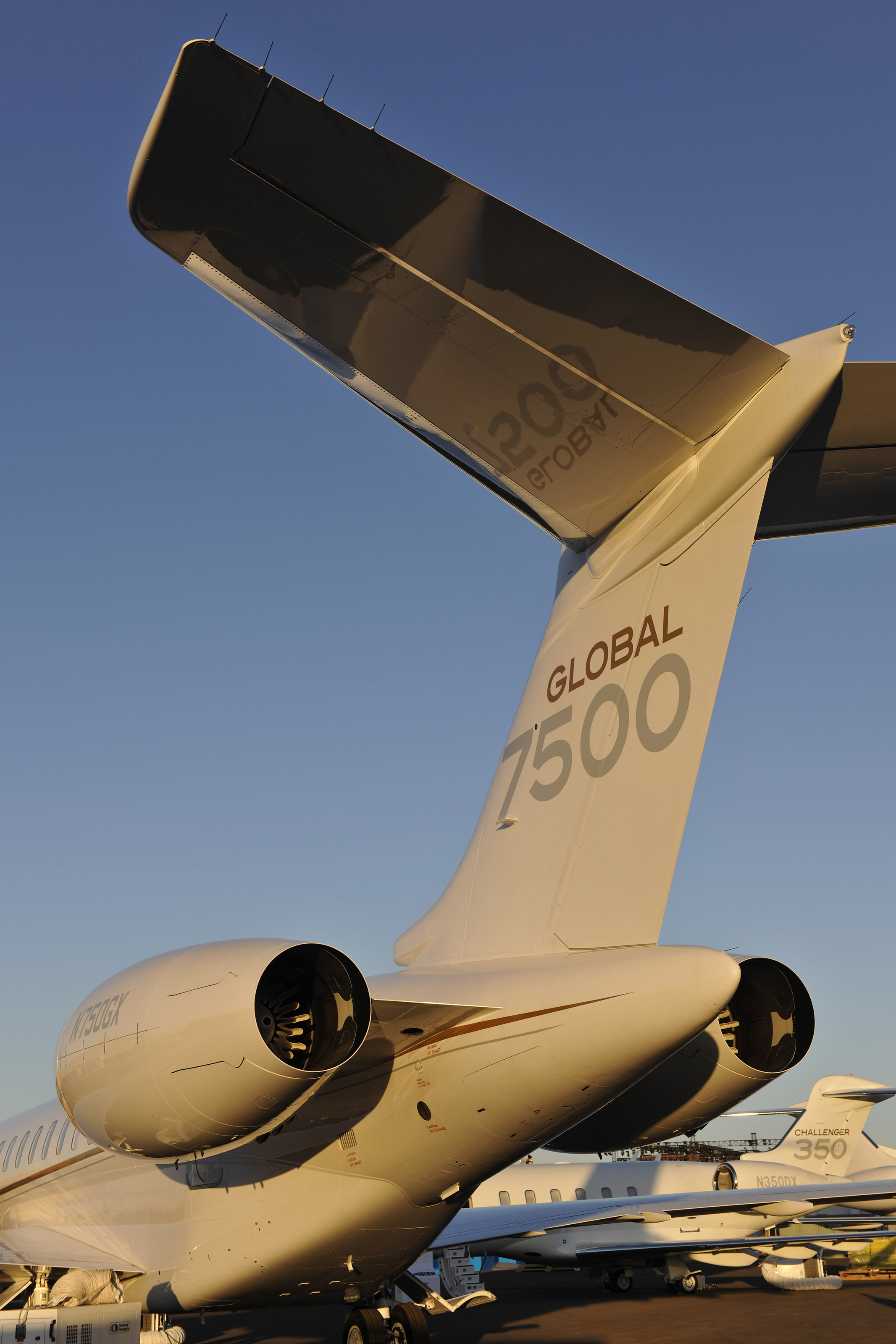 The Bombardier Global 7500 towers above other aircraft at the NBAA convention static display. Photo by Mark Wagner.