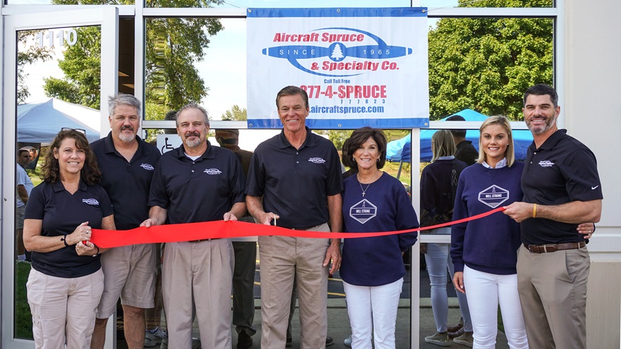 Aircraft Spruce and Specialty Co. celebrates the opening of its third location in West Chicago, Illinois. From left to right, staff members on hand for opening festivities included Terry Disper, office manager of Aircraft Spruce Midwest; Don Arrington, general manager of Aircraft Spruce East; Paul Disper, branch manager of Aircraft Spruce Midwest; Jim Irwin, Aircraft Spruce president; Nanci Irwin Aircraft Spruce vice president; Joanna Irwin; and Mike Irwin, vice president of procurement. Photo courtesy of Aircraft Spruce and Specialty Co.