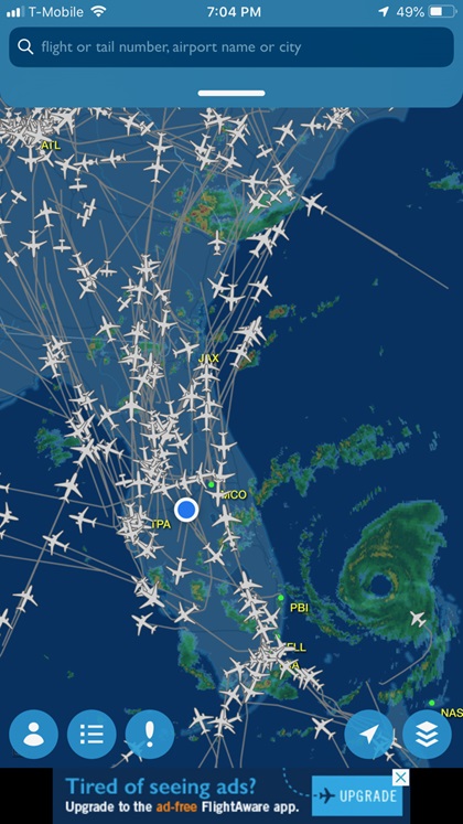 AOPA You Can Fly Florida Ambassador Jamie Beckett captured an image of air traffic ahead of Hurricane Dorian along with Hurricane Hunters flying in the eye of the storm, lower right. Image courtesy of FlightAware.