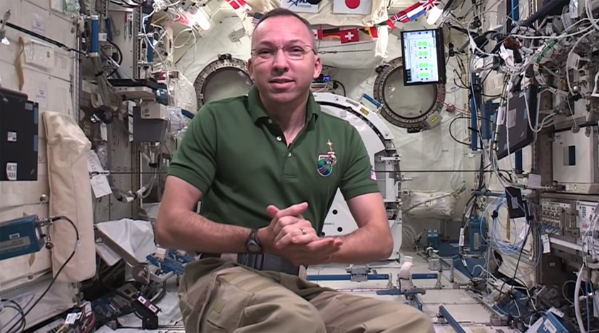 NASA astronaut Randy Bresnik teaches science, technology, engineering, and math concepts to youth during a video learning session from the International Space Station. Image courtesy of NASA. 
