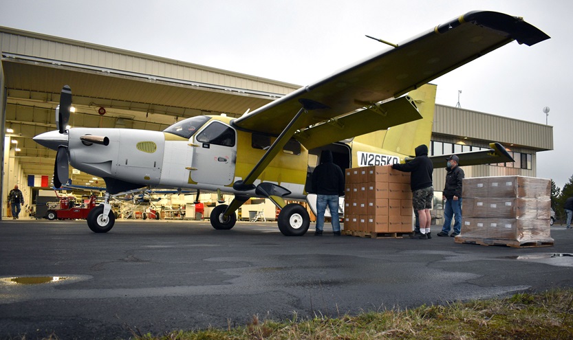 A new Daher Kodiak 100 Series II aircraft is loaded with life-saving medical ventilators bound for California health facilities. Photo courtesy of Daher.
