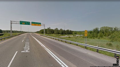 This Google Street view image was taken at the off-ramp where a Piper Cherokee exited Highway 40 in Quebec on April 16, with some assistance.