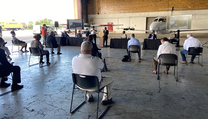 Participants practice social distancing during a task force meeting on improvements to Coleman A. Young Municipal Airport, a general aviation airfield in Detroit. Photo by Kyle Lewis.