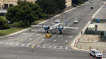 The B–25 bomber takes five lanes to taxi to the pier. Photo courtesy of the Prescott Foundation.