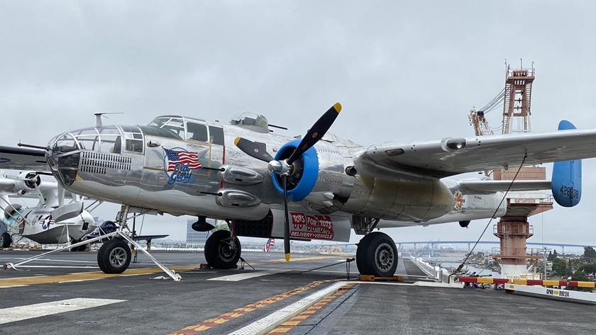 Prescott shows his support for the Toys for Tots organization with art on pilot's side bomb bay door. Photo courtesy of the Prescott Foundation.
