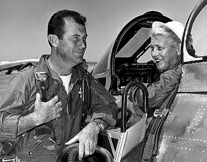 Jackie Cochran in the cockpit of the Canadair F-86 in which she broke the sound barrier in 1953, is shown with Yeager. Photo courtesy Air Force Flight Test Center History Office.
