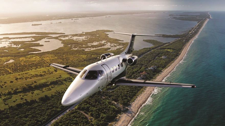 Embraer Executive Jets' Phenom 100EV boasts standard synthetic vision and a 406-knot max cruise speed. Photo courtesy of Embraer.