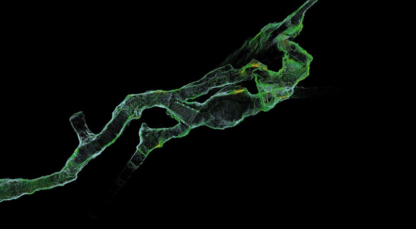 Lidar scanning makes it possible to view a portion of the Consolidated Gold Mine from above. In this image, one can see staircases that are part of the underground tours open to the public today. Image courtesy of Inspired Intelligence.