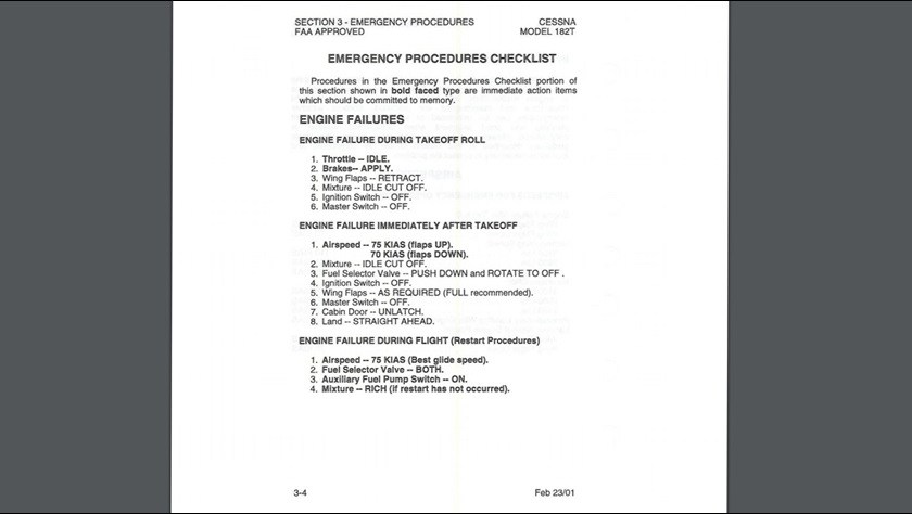 The emergency procedures checklists in the pilot's operating handbooks for some aircraft show immediate-action items in bold type. Image courtesy of Textron Aviation.