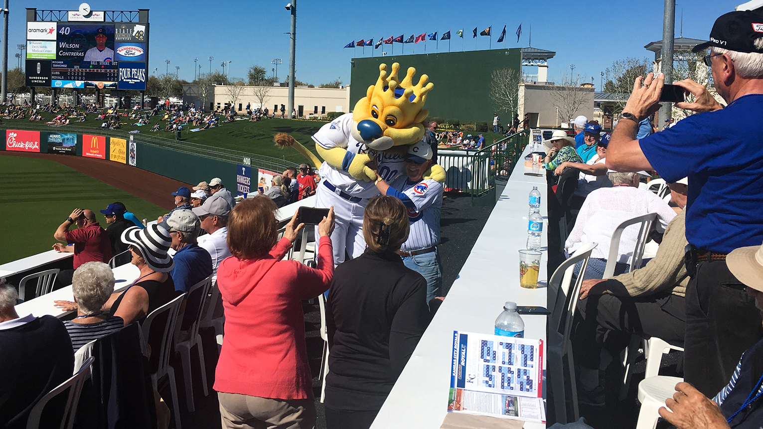 Most Cactus League ballparks have upgraded seating options like the pavilion at Surprise Stadium that offers access to covered general admission seating, a catered meal, a drink voucher, and visits from special guests like Sluggerrr, the Kansas City Royals’ mascot. Photo by MeLinda Schnyder.