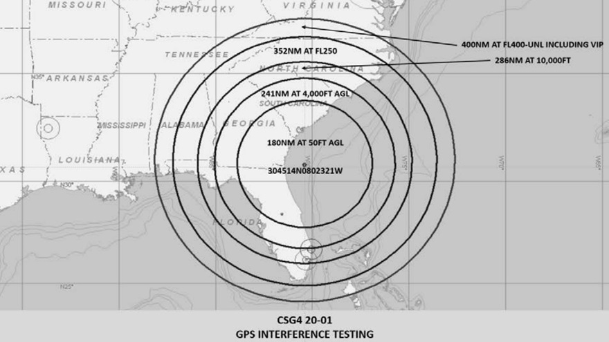 Graphic depicting area of GPS interference testing. Courtesy of the FAA.