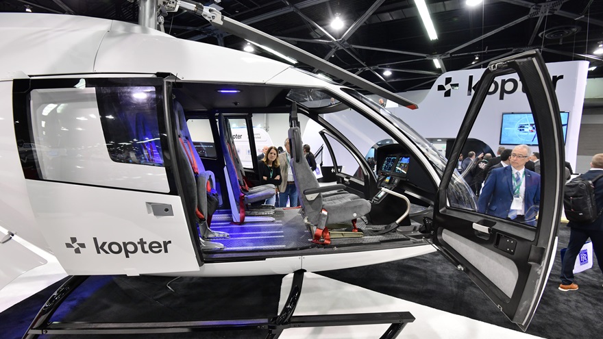 The Kopter SH09 mockup at HAI Heli-Expo 2020 displays its large cabin. Leonardo announced that it is purchasing Kopter, and scrubbing plans to design its own light helicopter. Photo by Mike Collins.