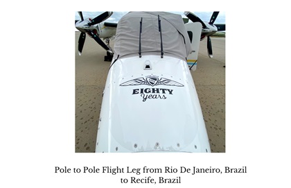 The largest logo on Zen Pilot Robert DeLaurentis’s Citizen of the World aircraft was the AOPA eightieth anniversary logo nose art. Photo courtesy of Robert DeLaurentis, FlyingThruLife.com.