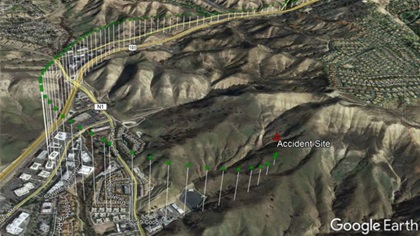 The final moments of the accident flight were reconstructed by overlaying ADS-B data on a Google Earth map. Image courtesy of the NTSB.