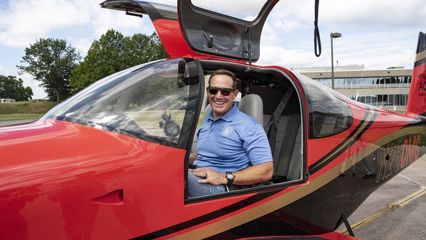 U.S. Rep. Ted Budd (R-N.C.) smiles after flying the AOPA Sweepstakes Van’s Aircraft RV-10 during a visit to Frederick Municipal Airport in Frederick, Maryland, July 28, 2020. Photo by David Tulis.