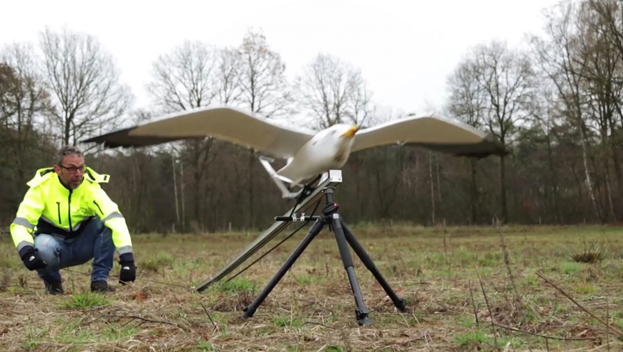 Gerhard de Groot, The Drone Bird Co.'s mechanical engineer, launches one of the AVES gulls from a rail. Photo courtesy of The Drone Bird Co.