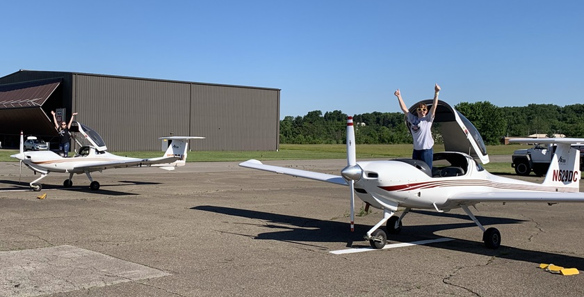 Allison and Macey Mesinere celebrate from the Diamond Aircraft DA20s they train in after making consecutive solo landings at Beaver County Airport in Pennsylvania. Photo courtesy of Eric Stormfels, ACES Aviation.                