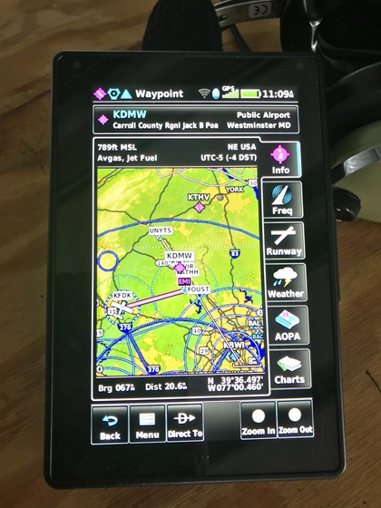 GPS Runway 34 approach plate for Carroll County Regional Airport/Jack B. Poage Field displayed on the Garmin aera 760's VFR moving map. Photo by Dave Hirschman.