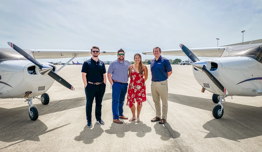 LifeStyle Aviation is expanding its leasing business to assist flight schools challenged by cash liquidity caused by an economic slowdown during the coronavirus pandemic. Blue Line Aviation, of Raleigh, North Carolina, recently accepted delivery of two Cessna 172 Skyhawks. Blue Line Aviation CFII Jamison Powell, Training Advisor Josh Weber, Marketing Director Jenna Slater, and LifeStyle Aviation Training Manager Phil Jewell (left to right) pose for a photo. Photo courtesy of Sharon Raub, LifeStyle Aviation.