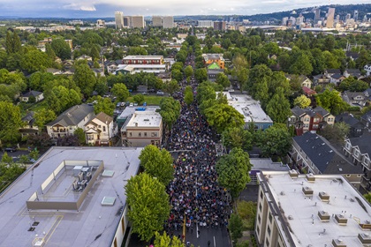 Oregon remote pilot Jamie Goodwick captured this image during a June 6 protest in Portland, carefully avoiding flight over people, though he holds and FAA waiver that would have made it legal to do so. Goodwick said it was not necessary to take that risk to capture this image, and others published by The New York Times. Photo courtesy of Jamie Goodwick/Portlandrone.